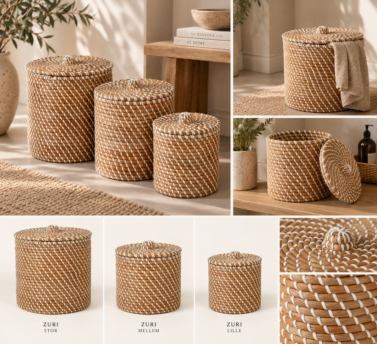 ZURI HÅNDLAVET PALMEKURV, NATUR/CREME