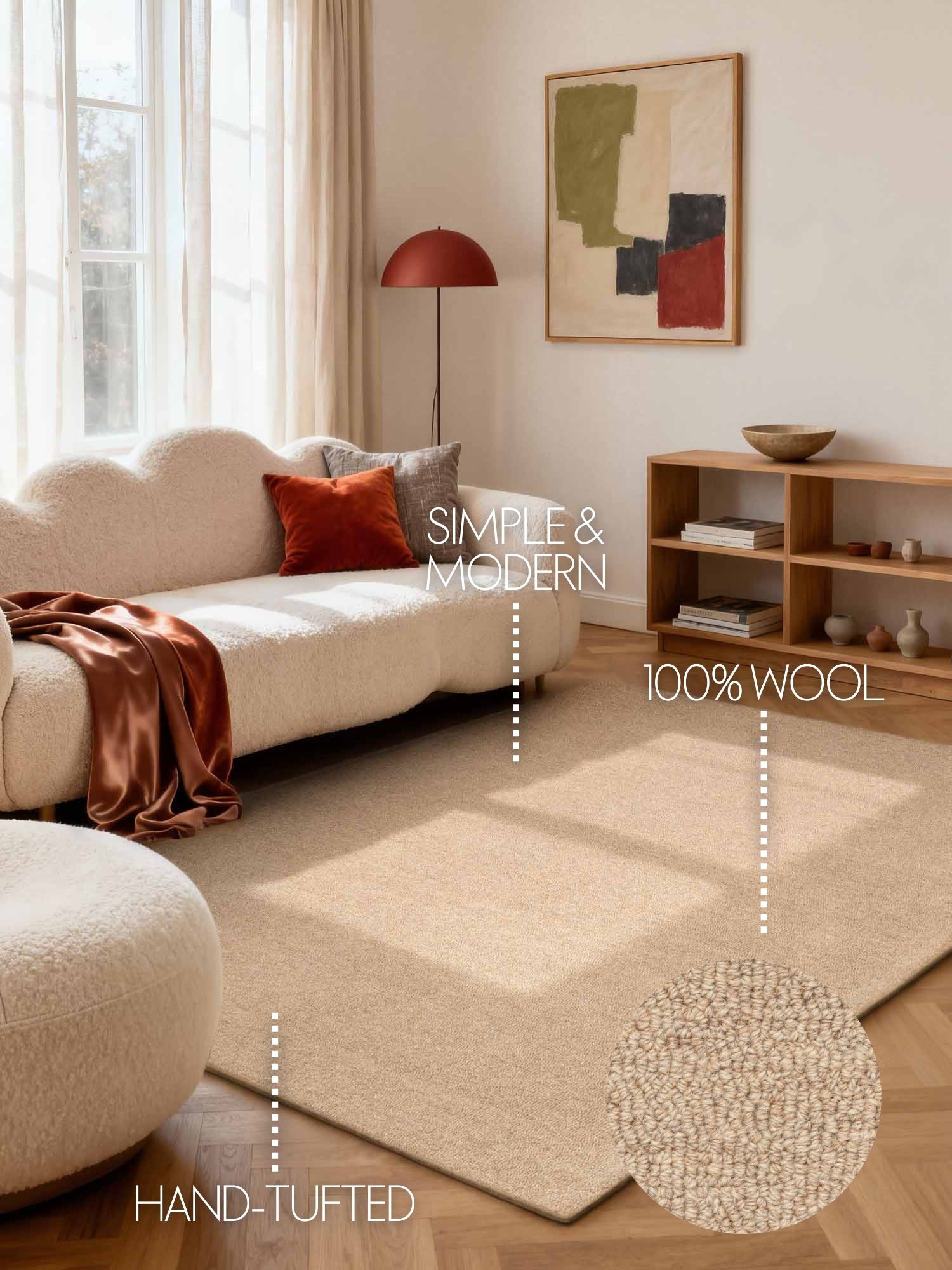 ELLE DECORATION PURISTIC FINE BOUCLE ULDTÆPPE, KNOTS NATURLIG BEIGE