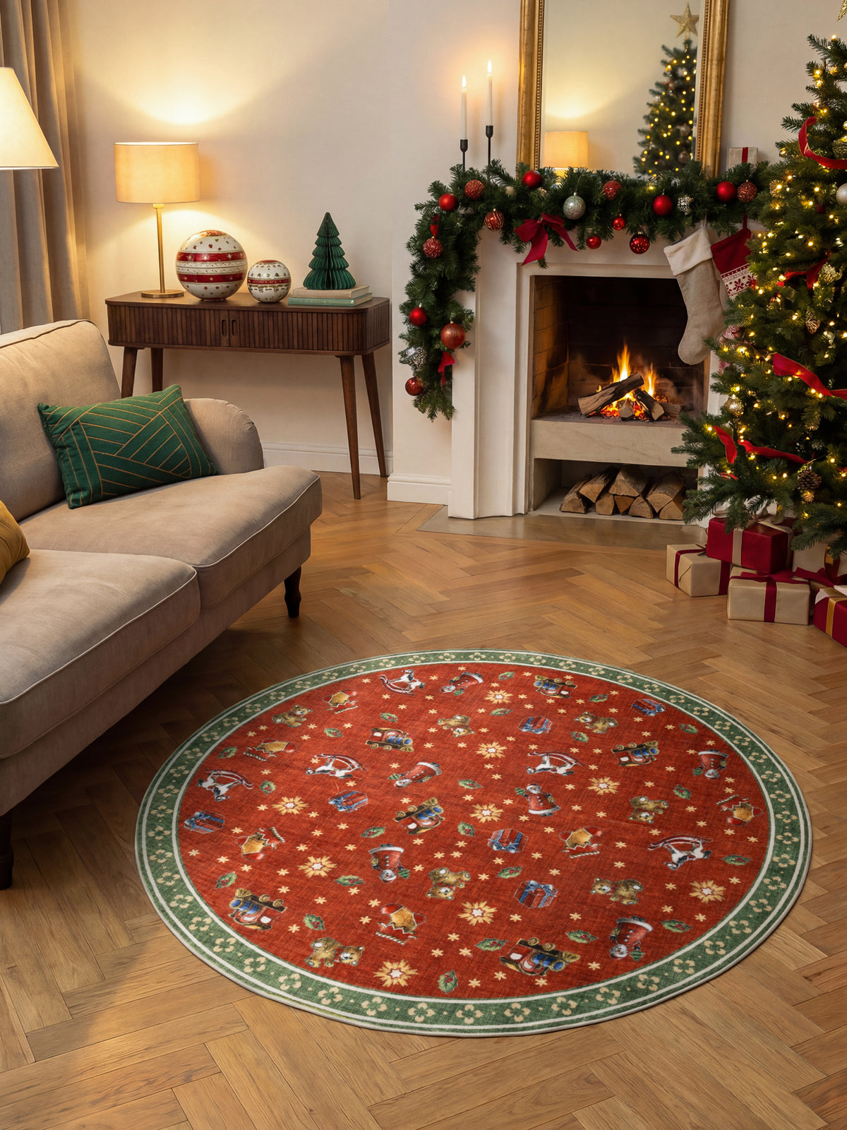 VILLEROY & BOCH TOY'S DELIGHT DESIGN RUNDT TÆPPE NOSTALGIC NOEL RØD GRØN