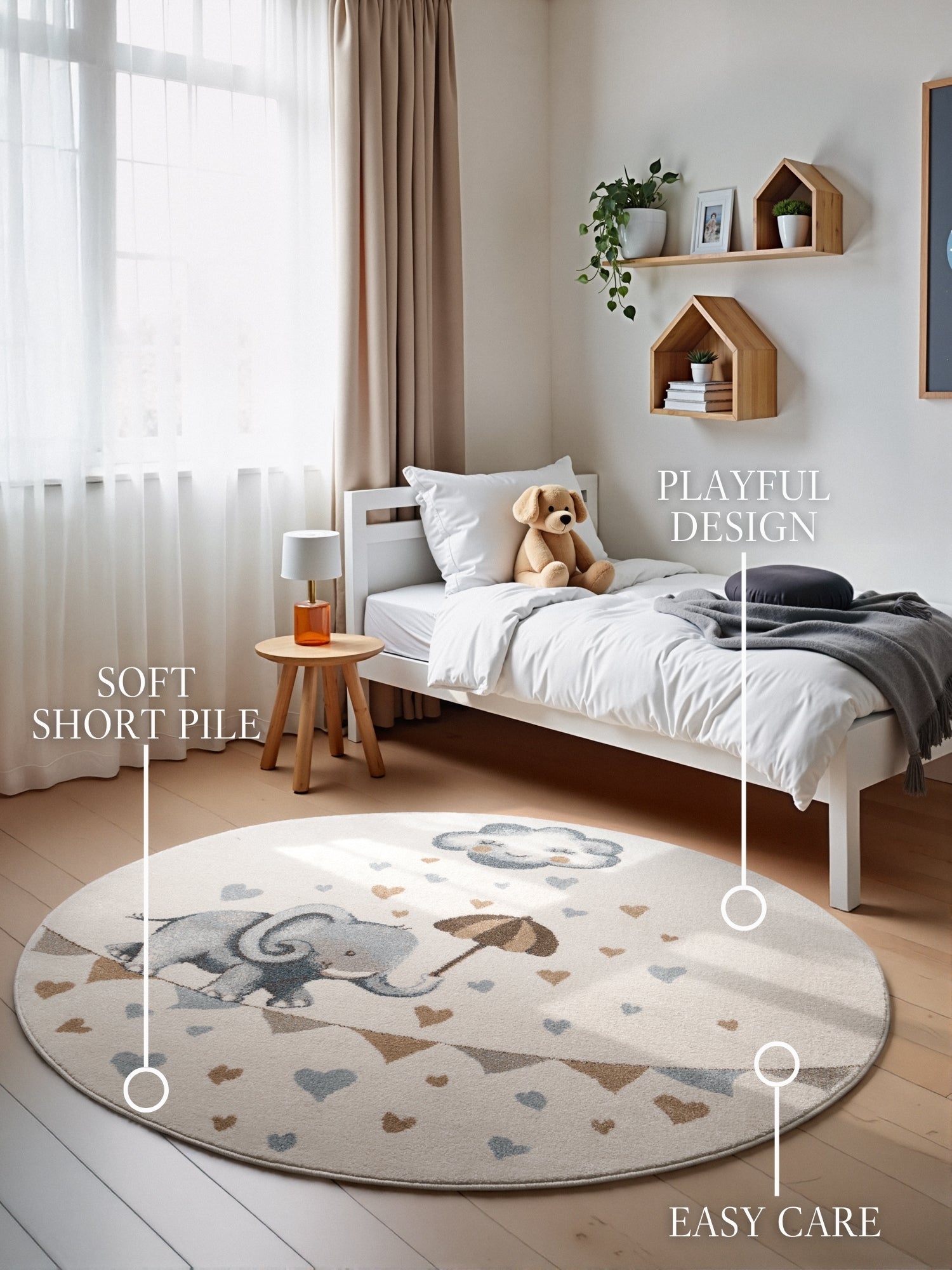 VILLEROY & BOCH BOHO KIDS BØRNETÆPPE RUNDT - ELEFANT REGN, CREME MULTI 106303