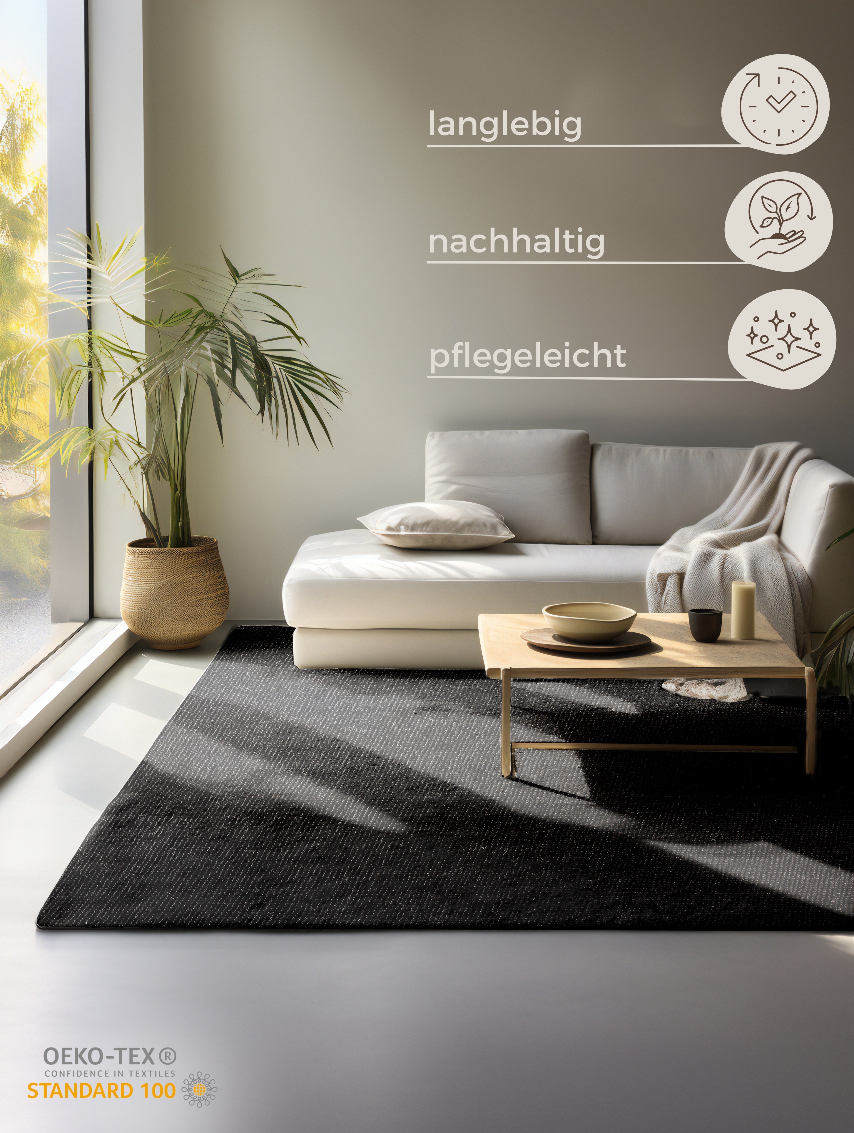 BOUCLE JUTE TÆPPE, MØRK SORT - 105976