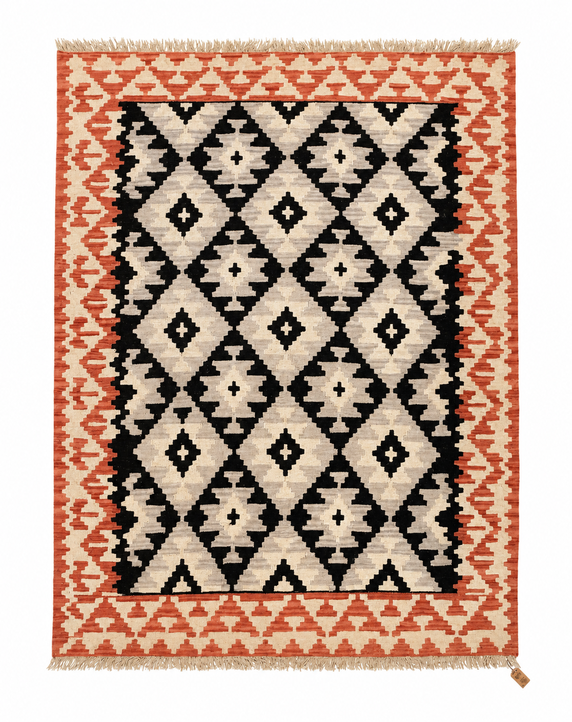 SHIRAZ HÅNDVÆVET PERSISK KELIM TÆPPE, SORT-TERRACOTTA