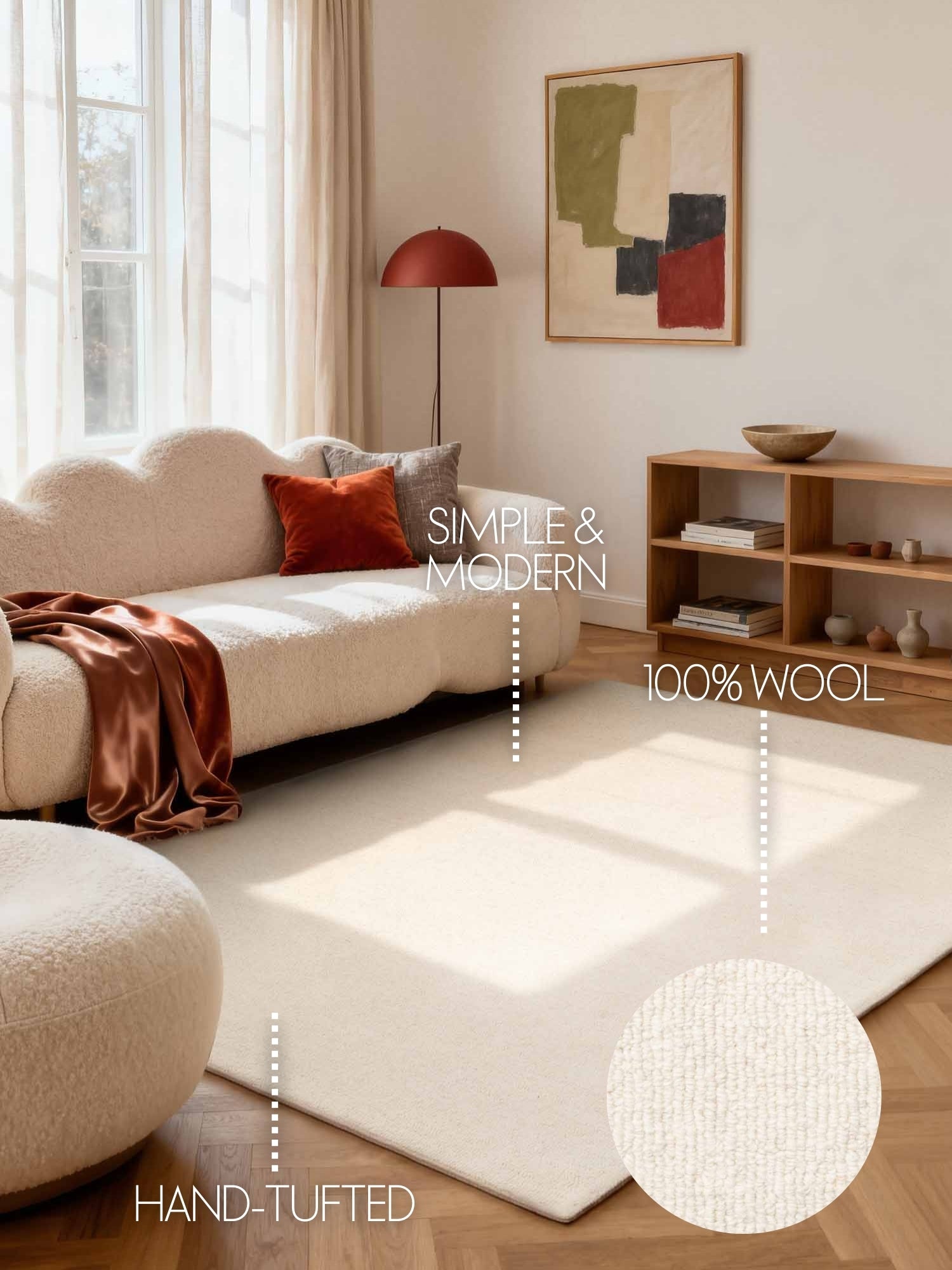 ELLE DECORATION PURISTIC FINE BOUCLE ULDTÆPPE, KNOTS NATURLIG HVID