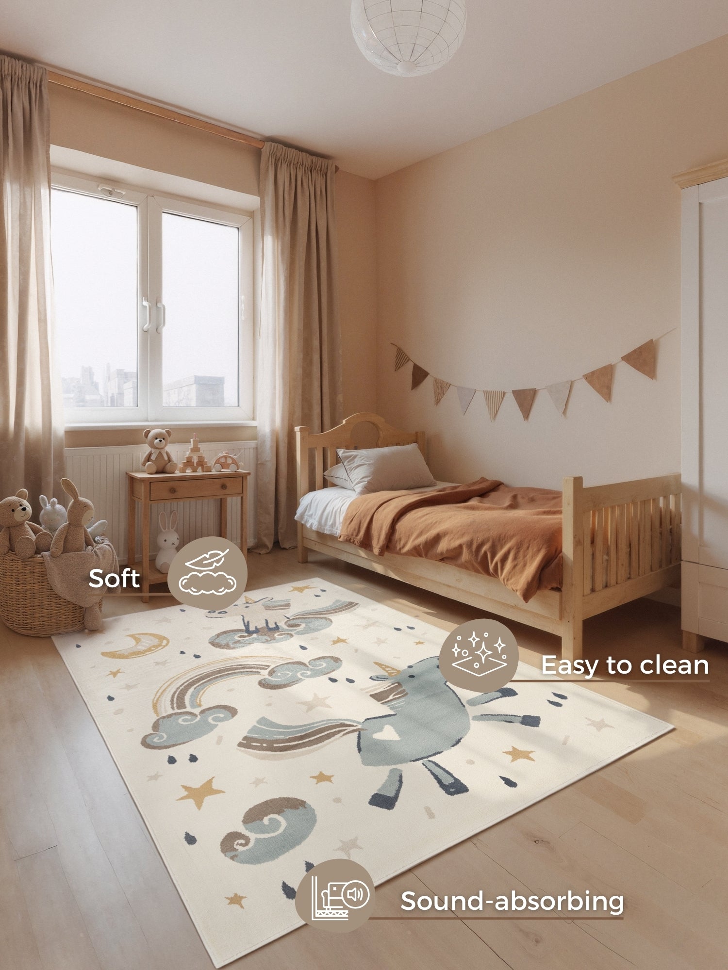 EVENTYR BØRNETÆPPE EINHORN, CREME MULTI