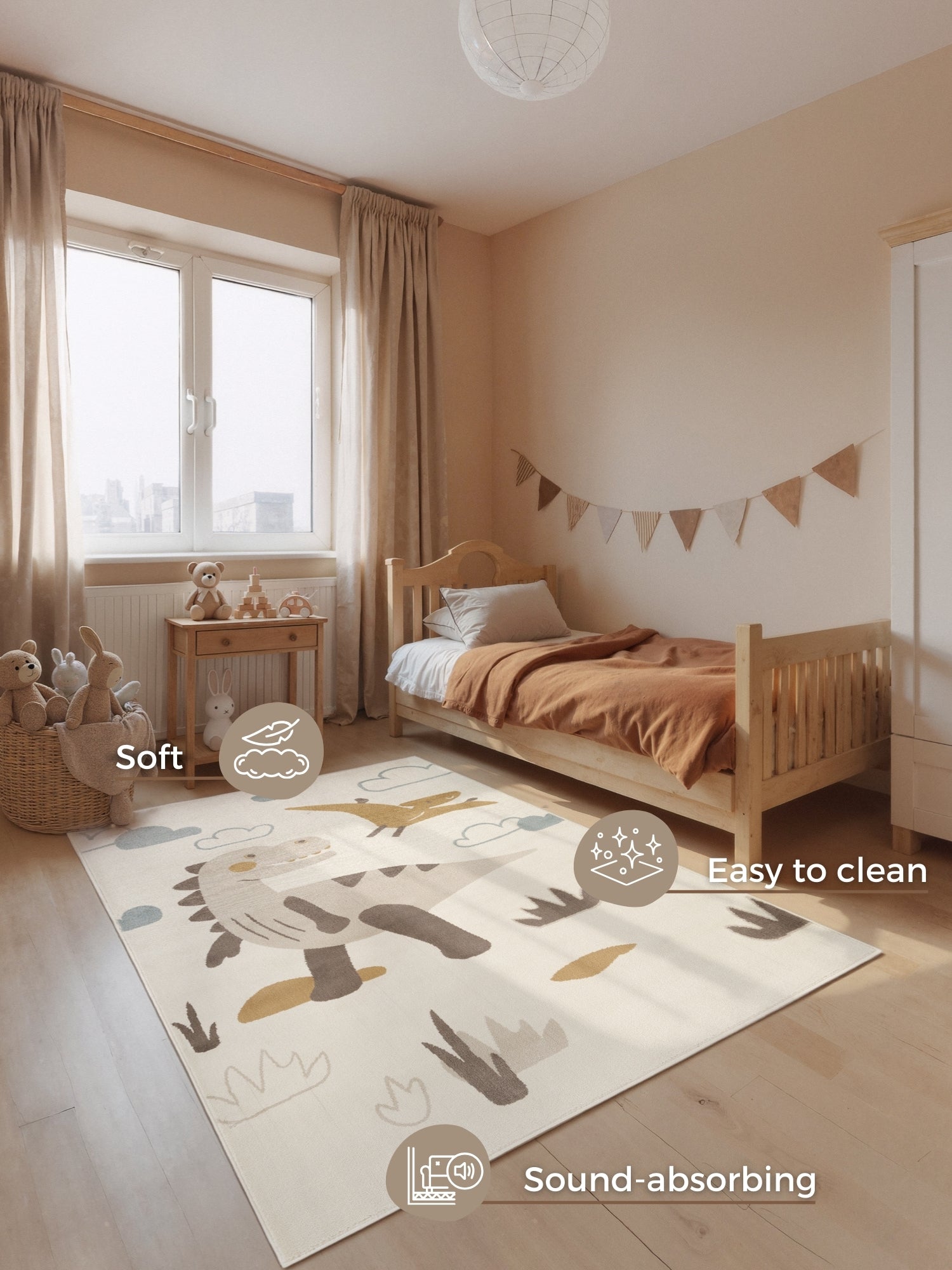 EVENTYR BØRNETÆPPE DINO, CREME MULTI